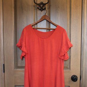 Cotton/Linen Coral Knee Length Flutter Sleeve Dress